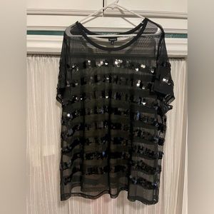 Sheer Mesh Stripe Sequin Crew Neck Tee